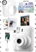 Resim Fujifilm Instax mini 12 Beyaz Fotoğraf Makinesi-10'lu Film-Kıskaçlı Stand-Mini Albüm ve Silikon Kılıf Seti 