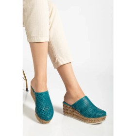 Resim Kadın Hakiki Deri Burnu Kapalı Dolgu Topuk Terlik - Ocean Depths 