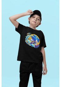 Resim Sevbano Unisex Süper Sonic Baskılı Oyun Çocuk Tişört 1-12 Yaş Siyah 