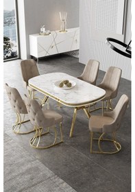 Resim Canisa Epal Serisi 90x168 Lak Panel Beyaz Mermer Desen Masa Takımı Gold Ayaklı 6 Cappucino Sandalye Beyaz Mermer Desen Masa Sandalyeler Cappucino 