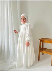 Resim Kız Çocuk Tesettür Elbisesi Merasim Elbisesi,başörtülü Takım 3-12 Yaş Uygun Beyaz 
