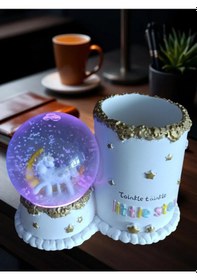 Resim Beyaz At Figürlü 15cmx10cm Ebat Pilli Işıklı Dekoratif Kar Küre Kalemlik 15cm X 10cm 