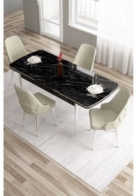 Resim Canisa Tia Serisi 80x132 Açılabilir Mdf Siyah Mermer Desen Krom Detay Mutfak Masa Takımı Ve 4 Krem Sandalye Masa Siyah Mermer Desen Sandalye Krem 