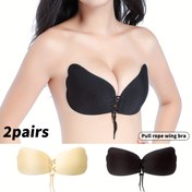 Resim 2 parça set (Açık Bej+siyah) kanat göğüs yaması çekme ipi yazlık kadın sırt açık kendinden yapışkanlı sütyen, toplanan görünmez askısız kayışlar, nefes alabilir ve sarkmaya karşı, gelinlikler için uygun 