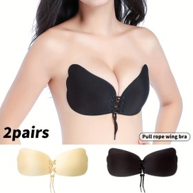 Resim 2 parça set (Açık Bej+siyah) kanat göğüs yaması çekme ipi yazlık kadın sırt açık kendinden yapışkanlı sütyen, toplanan görünmez askısız kayışlar, nefes alabilir ve sarkmaya karşı, gelinlikler için uygun 