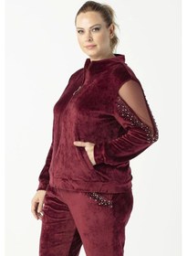 Resim Moda Berray 1950 Kolları Taşlı Tam Kalıp Tarz Kadife Büyük Beden Eşofman Takım Bordo Bordo 