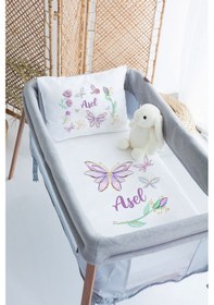 Resim Lilabio %100 Pamuk Saten İsme Özel İsimli 70x120 Park Yatak Nevresim Seti Mor Kelebek 