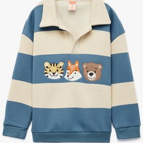 Resim Erkek Bebek Uzun Kollu Hayvanlar Baskılı Polo Yaka Şardonlu Sweatshirt 