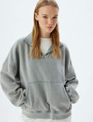 Resim Şardonlu Oversize Sweatshirt Yarım Fermuarlı Kanguru Cepli Yıkamalı Dik Yaka 