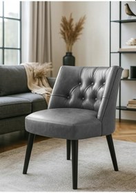 Resim Waterybrook Berjer Sandalye - Kapitoneli Suni Deri - Siyah Ahşap Ayaklı - Retro Modern Tasarım Gri 