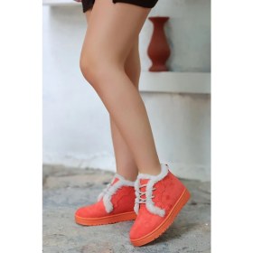 Resim Mida Shoes Simya Turuncu Süet Bağıcıklı Kürklü Kadın Bot 