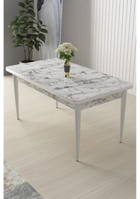 Resim Canisa Arp Serisi 70x110 Sabit Mutfak Masası Takımı Beyaz Mermer Desen Masa 4 Lacivert Sandalye Masa Beyaz Mermer Desen Sandalye Lacivert 