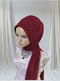 Resim NurAy Bordo Simli Tektek Hazır Şal Hazır Türban Abiye Şal 