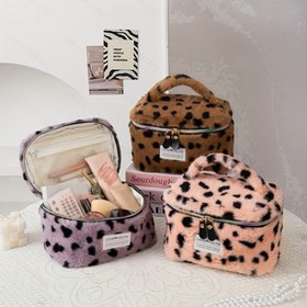 Resim 1 adet Fermuarlı Peluş Kozmetik Organizer Çanta - Sevimli Hayvan Desenli (Leopar/Zebra/) - Yumuşak Pastel Pembe/Mor - TSA Uyumlu Seyahat Makyaj, Fırça ve Tuvalet Malzemeleri Saklama - Kadınlar için İdeal Hediye - Dayanıklı Polyester Yapı - Kompakt ve Taşınabilir 