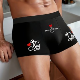 Resim 1 adet Erkek Boxer Külot - KING LOVE QUEEN Tasarımı Taç & Kalp Motifli, Polyester-Spandex Karışımı, Görünmez Örme Kumaş, Günlük Konfor için Dar Kesim Siyah İç Çamaşırı 