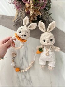 Resim Zey's Amigurumi Amigurumi Havuçlu Tavşan Uyku Arkadaşı Çıngırak ve Emzik Zinciri 