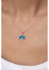 Resim Papatya Silver 925 Ayar Gümüş Rose Kaplama Parlayan Rüya Serisi Tasarım Ebruli Mavi Cam Boyalı Lotus Kolye 