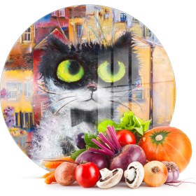 Resim Decovetro Cam Kesme Tahtası Yuvarlak Beyaz Kedi Desenli 30X30 cm 