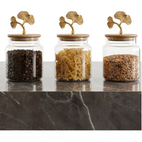 Resim Altın Ginkgo Figürlü 3 Lü Cam Kavanoz Seti Bambu Kapaklı 635 Cc Saklama Kabı Şeffaf 