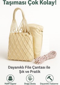 Resim Toptancı Amca Taşınabilir File Çantalı Katlanabilir Salıncak Hamak Seti - 120x180 cm, 6 m İp Dahil, Bej Kumaş 