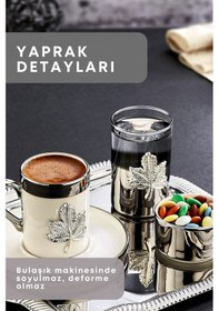Resim Grimorlife 2 Kişilik Tepsili Gümüş Porselen Yaprak Detaylı Fincan Sunum Seti-söz Nişan Kahve Fincanı Gümüş 