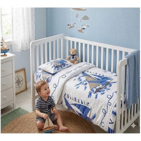 Resim Bebek Nevresim Takımı-% 100 Pamuk -yelken Motifli Beyaz - Mavi 