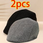 Resim 2 adet Erkek&Apos;S Şapka Seti, Düz Renk Beret Kapı Bahar ve Yaz Rahat Nefesli Ördek Billi Şapka İngiliz Retro Kısa Kenar Kadın&Apos;S Şık Çift Rahat Ön Şapka Unisex Günlük Kullanım İçin Uygun 