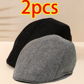Resim 2 adet Erkek&Apos;S Şapka Seti, Düz Renk Beret Kapı Bahar ve Yaz Rahat Nefesli Ördek Billi Şapka İngiliz Retro Kısa Kenar Kadın&Apos;S Şık Çift Rahat Ön Şapka Unisex Günlük Kullanım İçin Uygun 