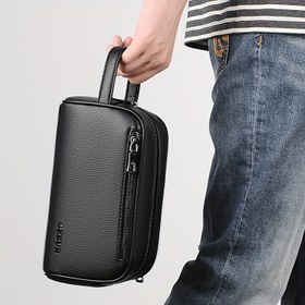 Resim ERKEKLER İçin MENSON Siyah Clutch Çanta - İş Tarzı Fermuarlı Çok Bölmeli El Çantası, Günlük Seyahat & Cep Telefonu Saklama için Kompakt Tasarım 