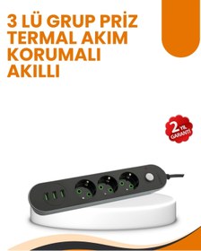 Resim Genel Markalar 2 Metre Kablolu 3 USB Portlu Anahtarlı Üçlü Priz 