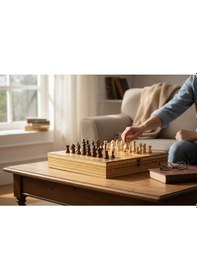 Resim El Yapımı Lüks Nakış İşlemeli Doğal Ahşap Sandıklı Premium Satranç Takımı 45x45 Cm. Hediyelik Set 2 
