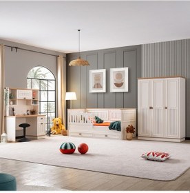 Resim Genç Odası, Zenit 3 Kapaklı Dolap, Yavrulu Korkuluklu Sedir Karyola, Çalışma Masası Beyaz 