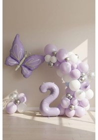 Resim Kelebek Temalı 2 Yaş Doğum Günü Balon Seti Lila Beyaz Gümüş Mor Lila 
