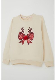 Resim Breeze Kız Çocuk Sweatshirt Ponponlu Yılbaşı Kurdeleli 6-12 Yaş, Krem Krem 