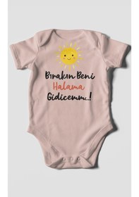 Resim Bırakın Beni Halama Gidicemm Baskılı Bebek Zıbını Çıtçıtlı Body %100 Pamuk Kısa Kol Pastel Pembe 