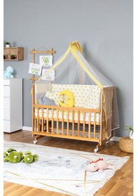 Resim Ahşap Beşik Anne Yanı Beşik Vernikli 70x130 - Sarı Yıldız 3 Yastıklı Uyku Seti + Yataklı+tekerlekli Ahşap 