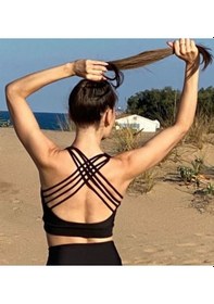 Resim Lismina Dört Sıra İp Detaylı Spor Bustiyer - Sporcu Sütyeni Siyah 