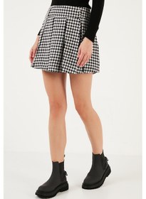 Resim Lela Pamuk Ve Yün Karışımlı Pileli Kazayağı Regular Fit Mini Bayan Şort Etek 611Sr00028 Ekru-Siyah 