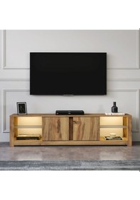 Resim Aydos Işıklı, Cam Raflı Tv Ünitesi Gri/traverten, Kapaklı Tv Sehpası, Ev-ofis - Kilim Kilim 