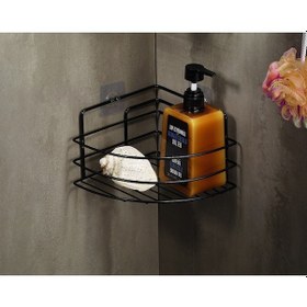 Resim Ömür Boyu Paslanmaz Yapışkanlı Banyo Köşeliği Düzenleyici Şampuanlık Duş Rafı Siyah TK-01 