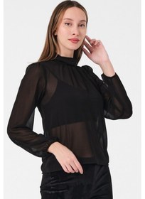 Resim Mois Atelier Siyah Şifon Yaka Büzgülü Bluz Tasarım Büyük Beden Tesettür Bayramlık Siyah 
