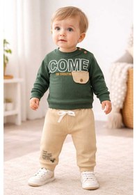 Resim Kabartma Baskılı Oversize Geniş Kalıp Alt Üst Bebek Takım Raporlu %100 Pamuk Haki 