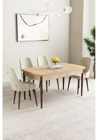 Resim Clara Meşe Desen 80x132 Açılabilir Mutfak Masası Takımı 4 Adet Sandalye Krem 