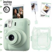 Resim Fujifilm Instax Mini 12 Fotoğraf Makinesi + 10'lu Film + Kıskaçlı Resim Standı + Simli Pleksi Kılıf Seti Yeşil 