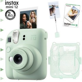 Resim Fujifilm Instax Mini 12 Fotoğraf Makinesi + 10'lu Film + Kıskaçlı Resim Standı + Simli Pleksi Kılıf Seti Yeşil 