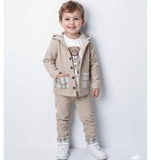 Resim Erkek Çocuk %100 Pamuk Kadife Hırka, Pantolon Ve Ayıcık Baskılı Sweatli 3'lü Premium Seri Kum 