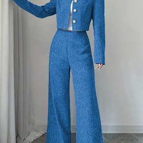 Resim Yeni Gelen Kadın Modası Düz Renk Uzun Kollu Yuvarlak Yaka Kısa Ceket ve Pantolon İkili Takım 