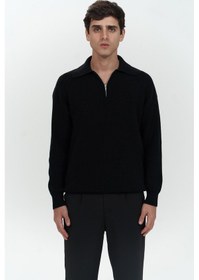 Resim Mai Collection Mai Studios Co. Oberon Polo Yaka Yarım Fermuarlı Siyah Erkek Triko Kazak Siyah 
