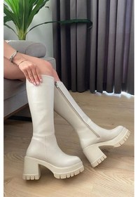 Resim Kadın Krem Cilt 8 Cm Topuklu Yandan Fermuarlı Çizme Krem 
