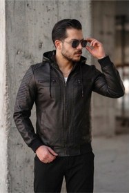 Resim Kegg Erkek Siyah Slim Fit Kapüşonlu Omuz Detaylı Suni Deri Ceket - SIYAH / S 